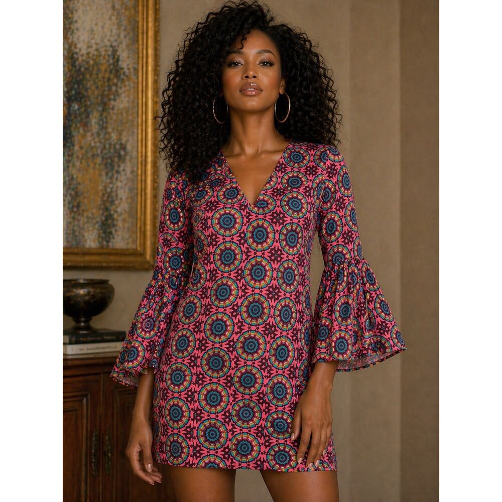 ASHRO Colorful African Print 100% Cotton Retro Bell Sleeve Mini Dress 16W 60's